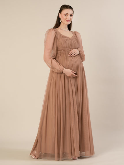 Maternity Brown Tulle Gown with Detachable Train