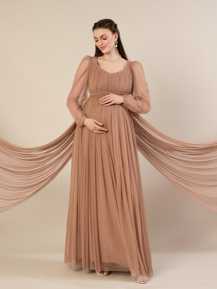 Maternity Brown Tulle Gown with Detachable Train
