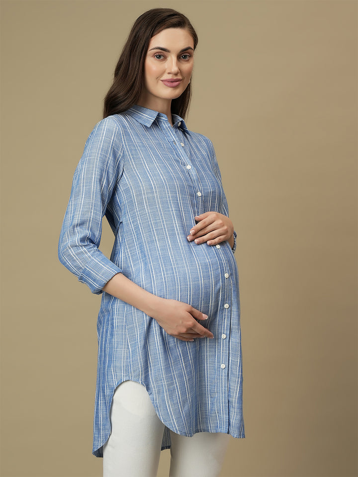 Maternity Button-Down Blue Long Oversized Shirt