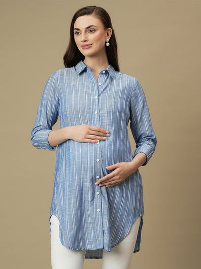 Maternity Button-Down Blue Long Oversized Shirt
