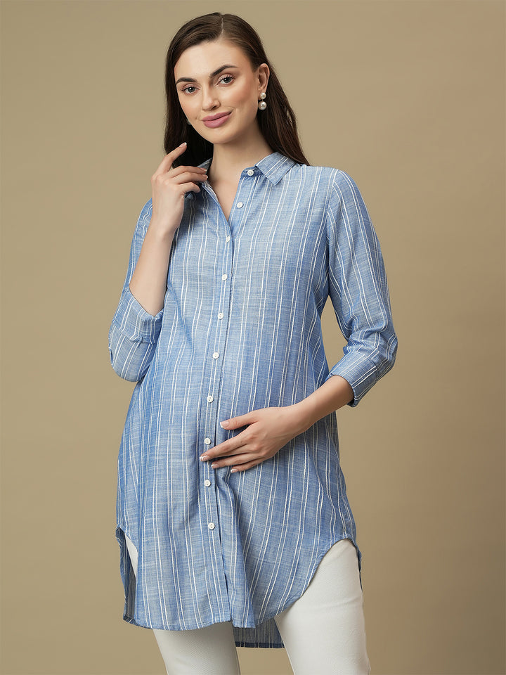 Maternity Button-Down Blue Long Oversized Shirt