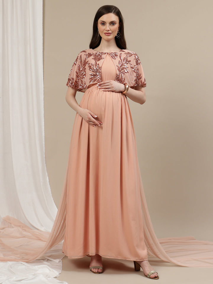 Maternity Cape Gown Dress with Trail