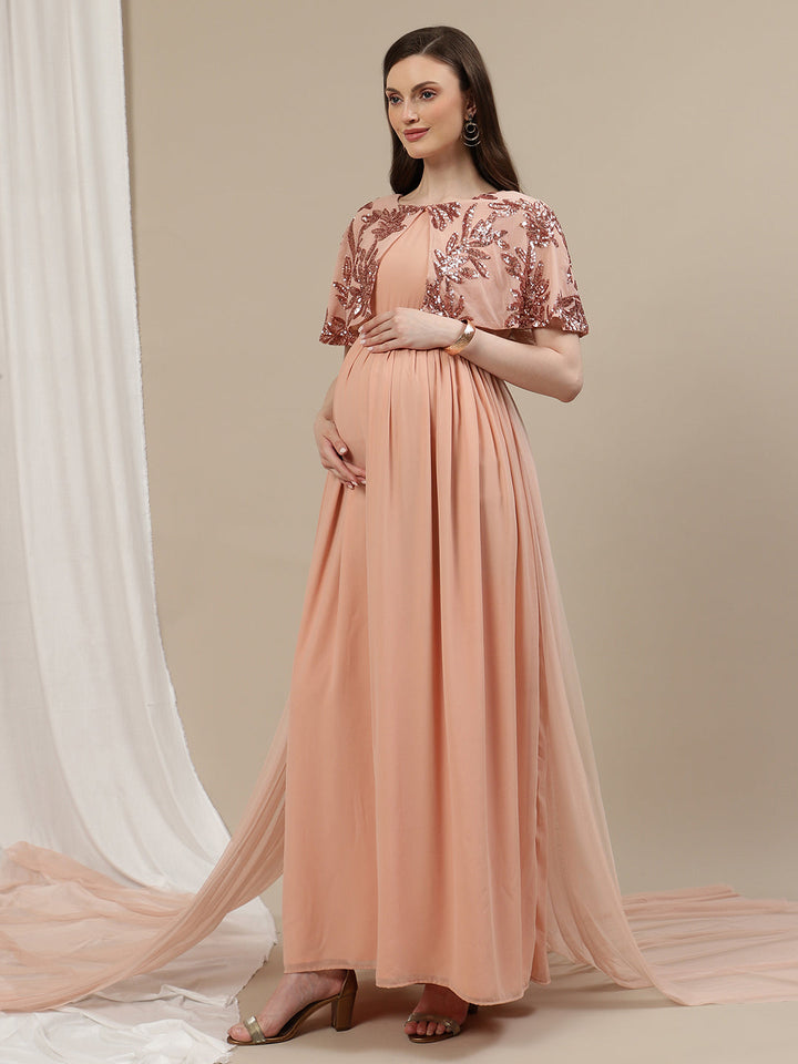 Maternity Cape Gown Dress with Trail