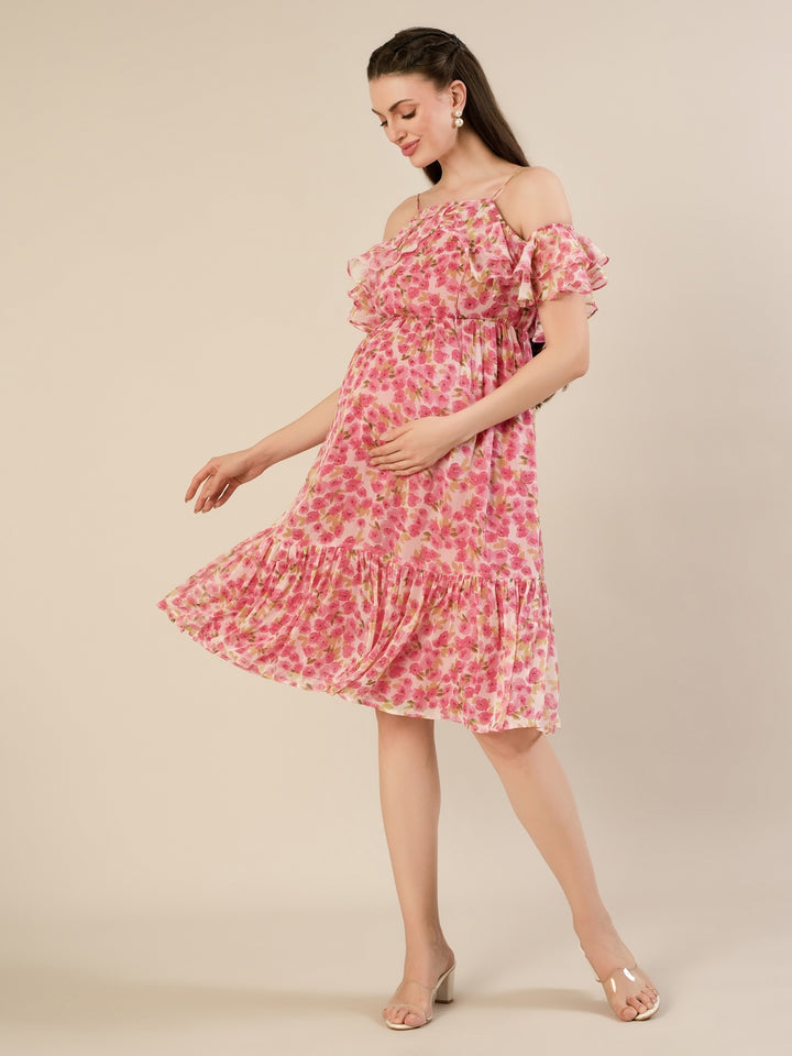 Maternity & Nursing Chiffon Floral Pink Knee Length Dress
