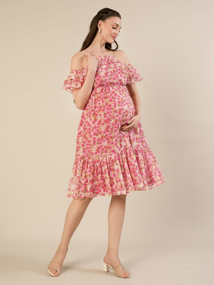 Maternity & Nursing Chiffon Floral Pink Knee Length Dress
