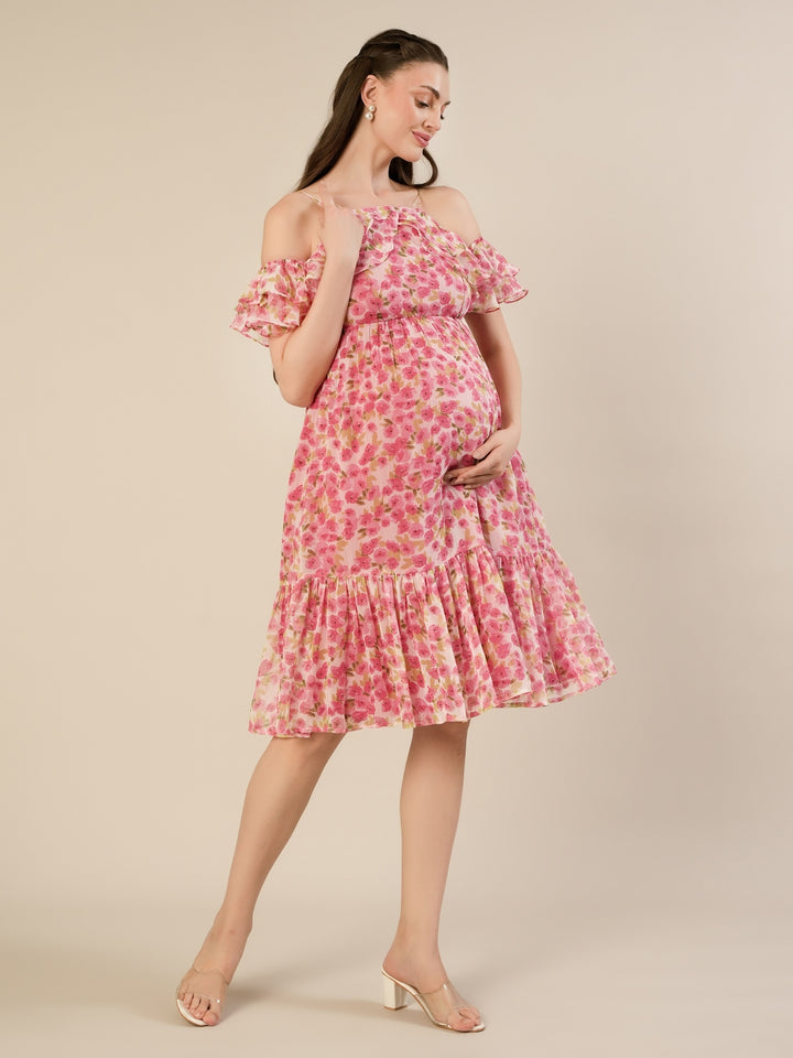 Maternity & Nursing Chiffon Floral Pink Knee Length Dress