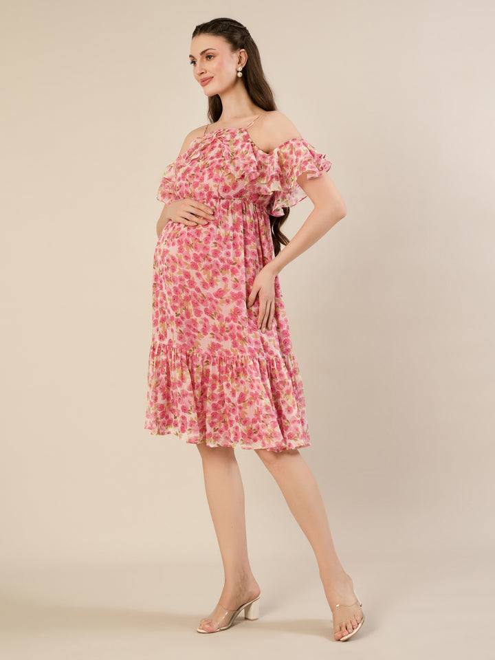 Maternity & Nursing Chiffon Floral Pink Knee Length Dress