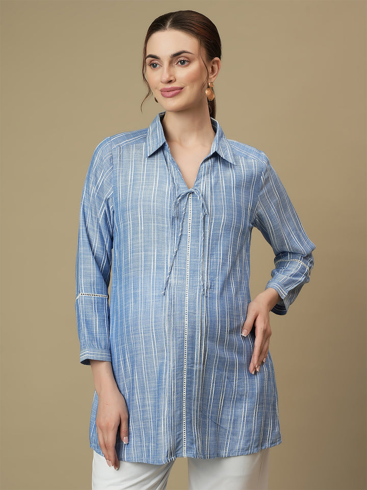 Maternity Collared Blue Long Shirt
