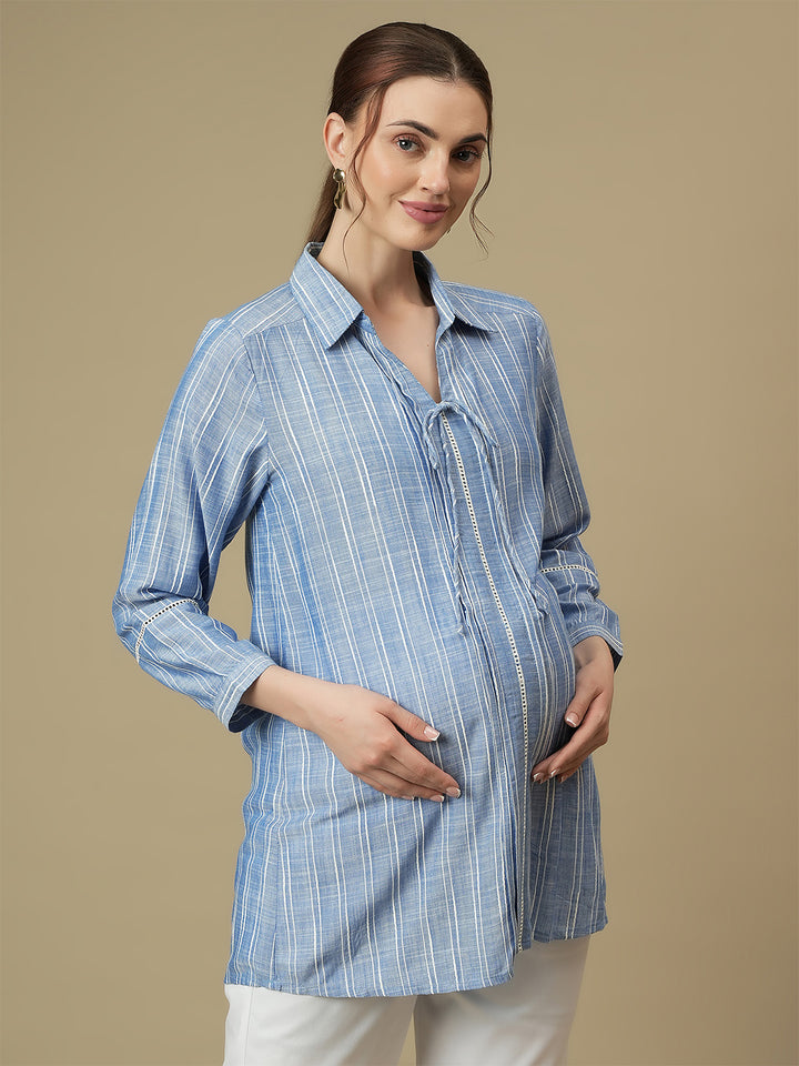 Maternity Collared Blue Long Shirt