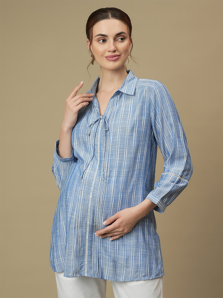 Maternity Collared Blue Long Shirt