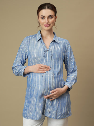 Maternity Collared Blue Long Shirt