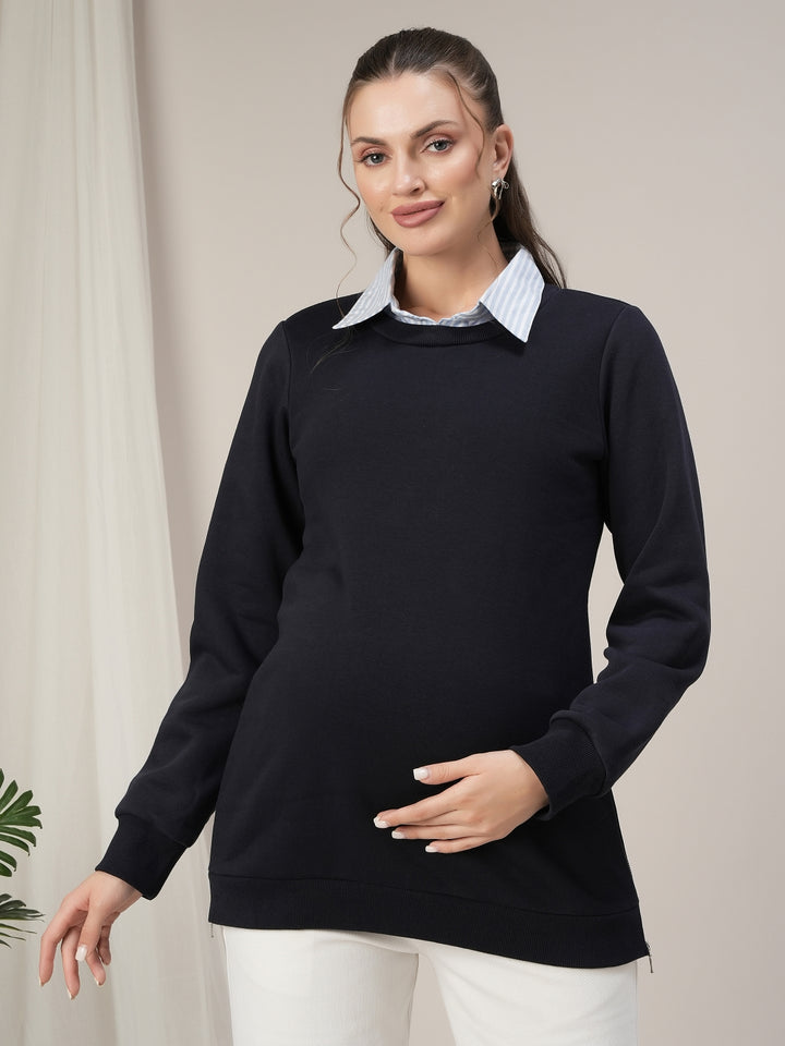 Winter Maternity & Nursing Blue Collared Sweatshirt