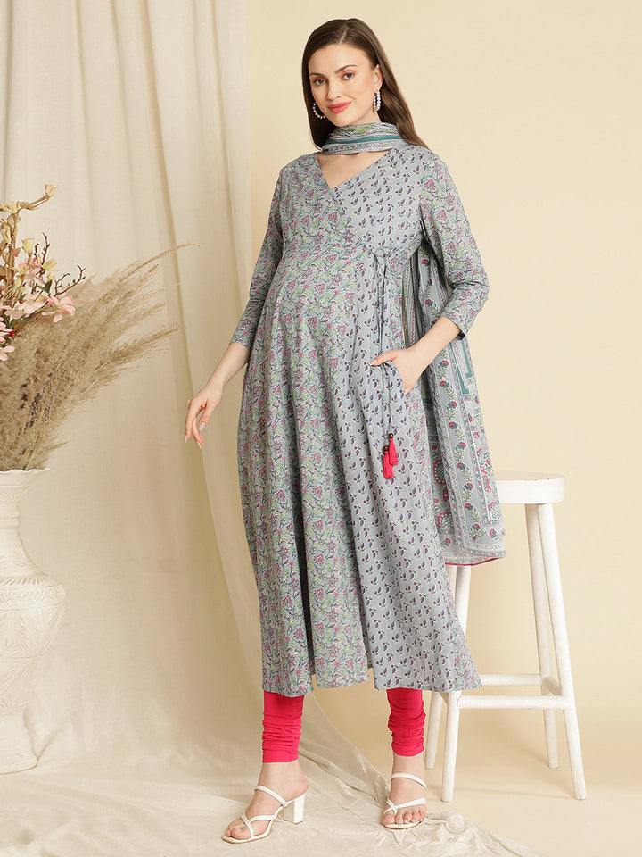 Maternity Cotton Angrakha Kurta with Dupatta