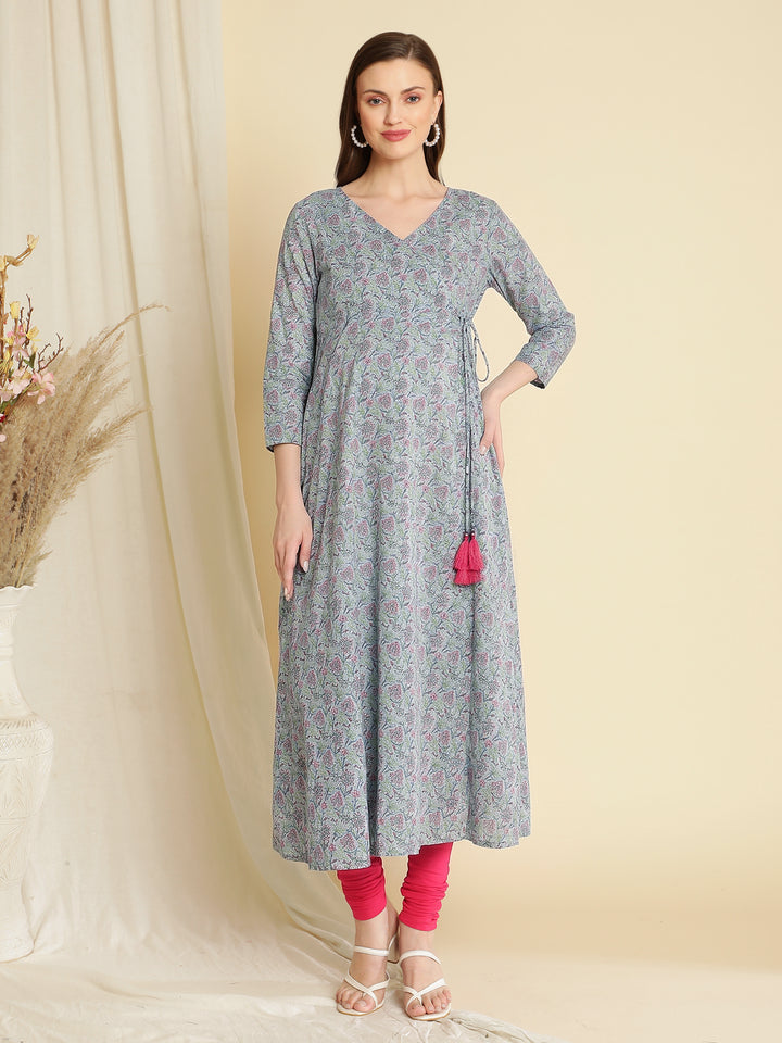 2pc. Maternity Nursing Floral Block Print Cotton Angrakha Kurta with Dupatta