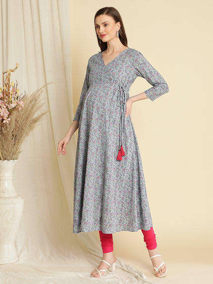 2pc. Maternity Nursing Floral Block Print Cotton Angrakha Kurta with Dupatta
