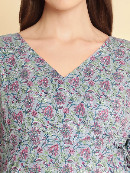 2pc. Maternity Nursing Floral Block Print Cotton Angrakha Kurta with Dupatta