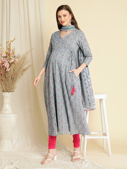 2pc. Maternity Nursing Floral Block Print Cotton Angrakha Kurta with Dupatta