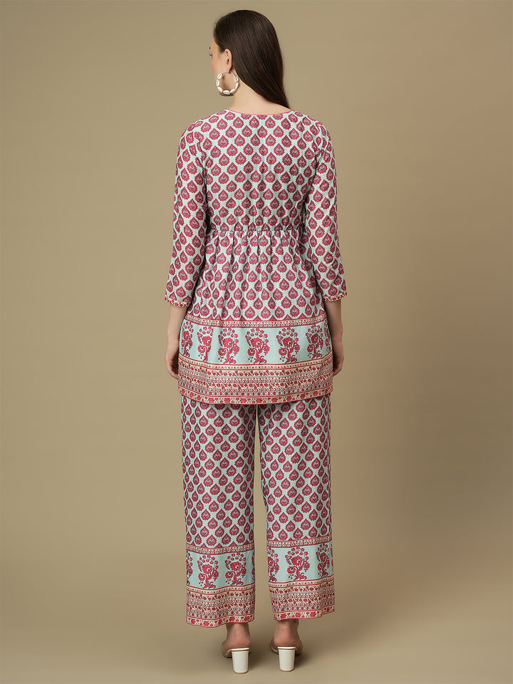 Maternity Cotton Angrakha Kurti with Wide-leg Pants Co-ord Set