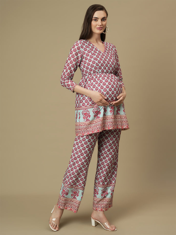 Maternity Cotton Angrakha Kurti with Wide-leg Pants Co-ord Set