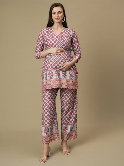 Maternity Cotton Angrakha Kurti with Wide-leg Pants Co-ord Set
