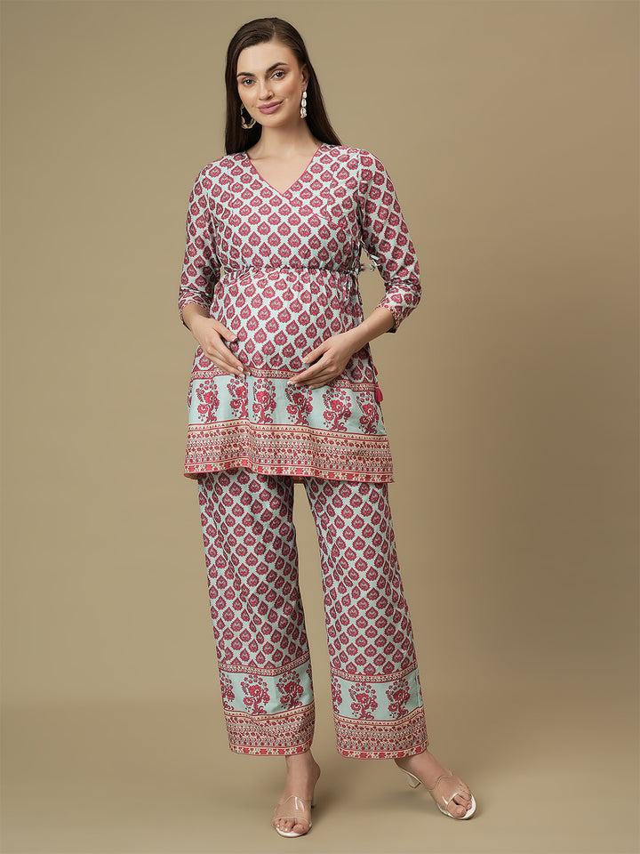 Maternity Cotton Angrakha Kurti with Wide-leg Pants Co-ord Set