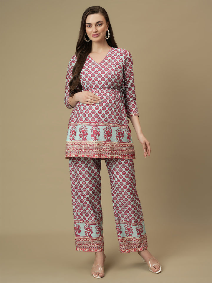 Maternity Cotton Angrakha Kurti with Wide-leg Pants Co-ord Set