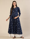 Maternity & Nursing Cotton Bandhani Navy Blue Anarkali Kurta