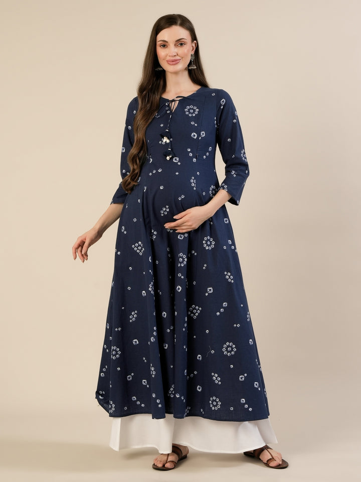 Maternity & Nursing Cotton Bandhani Navy Blue Anarkali Kurta