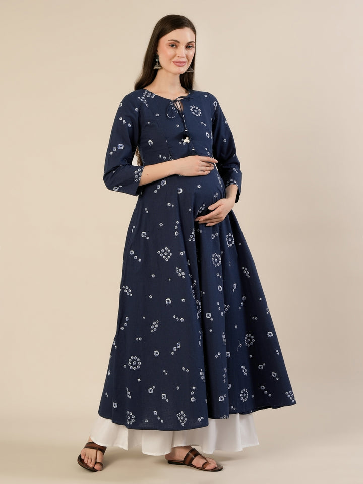 Maternity & Nursing Cotton Bandhani Navy Blue Anarkali Kurta