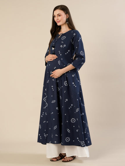 Maternity & Nursing Cotton Bandhani Navy Blue Anarkali Kurta
