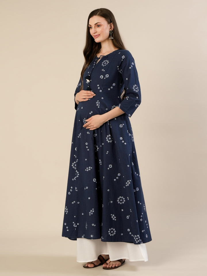 Maternity & Nursing Cotton Bandhani Navy Blue Anarkali Kurta