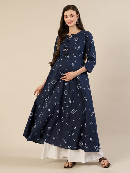 Maternity & Nursing Cotton Bandhani Navy Blue Anarkali Kurta