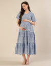 Maternity & Nursing Blue Embroidered Cotton Long Dress