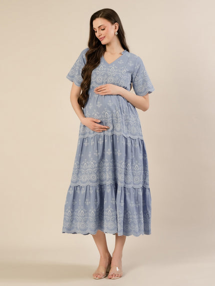 Maternity & Nursing Blue Embroidered Cotton Long Dress