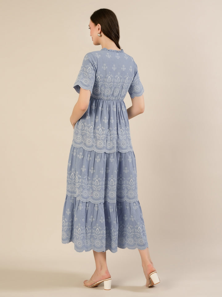 Maternity & Nursing Blue Embroidered Cotton Long Dress