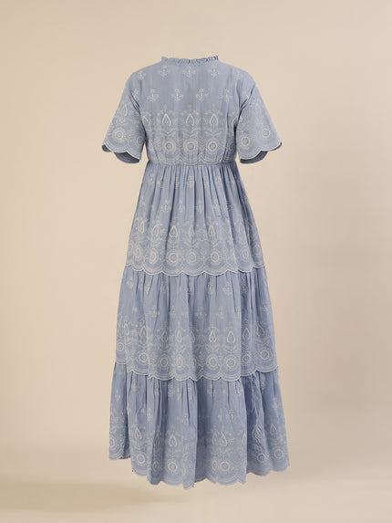 Maternity & Nursing Blue Embroidered Cotton Long Dress