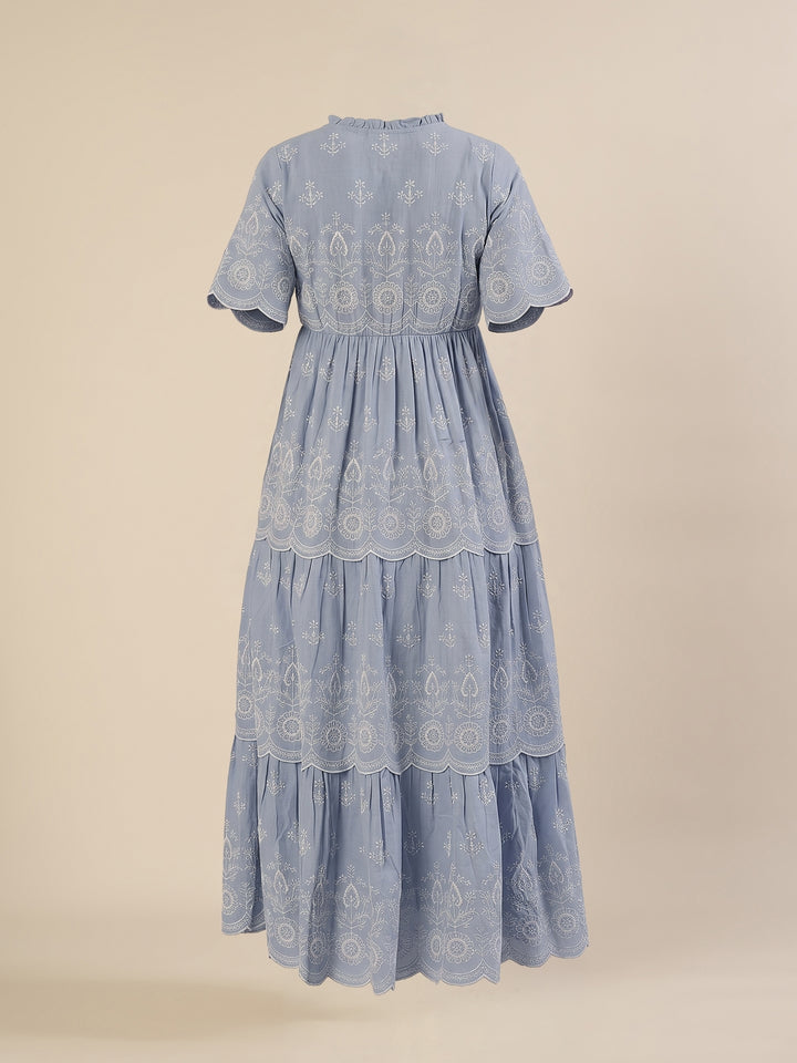 Maternity & Nursing Blue Embroidered Cotton Long Dress