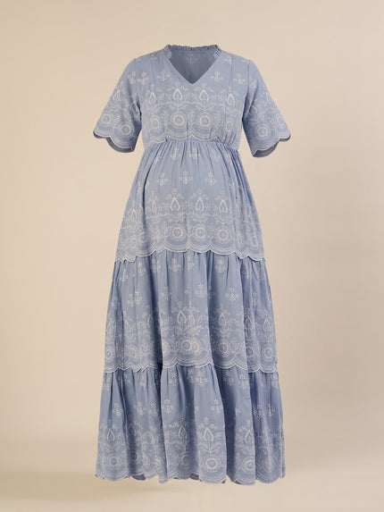 Maternity & Nursing Blue Embroidered Cotton Long Dress