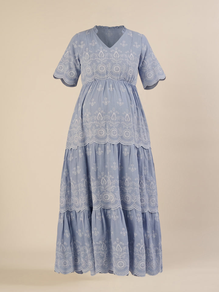 Maternity & Nursing Blue Embroidered Cotton Long Dress