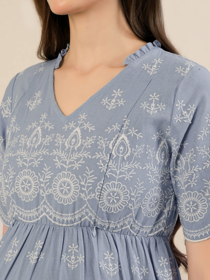 Maternity & Nursing Blue Embroidered Cotton Long Dress