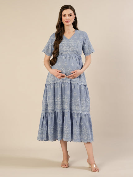 Maternity & Nursing Blue Embroidered Cotton Long Dress