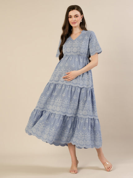 Maternity & Nursing Blue Embroidered Cotton Long Dress