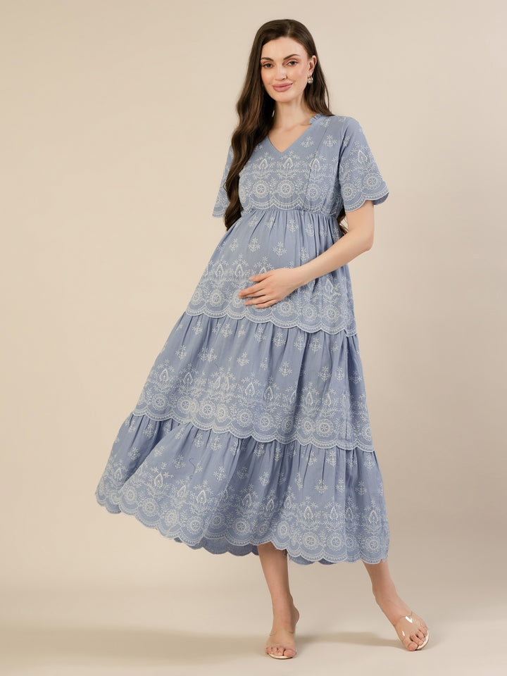 Maternity & Nursing Blue Embroidered Cotton Long Dress