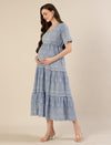 Maternity & Nursing Blue Embroidered Cotton Long Dress