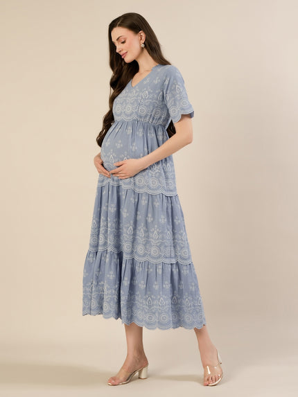 Maternity & Nursing Blue Embroidered Cotton Long Dress