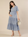 Maternity & Nursing Blue Embroidered Cotton Long Dress