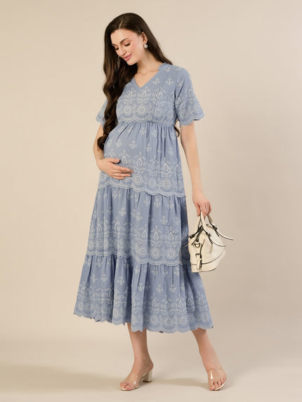 Maternity & Nursing Blue Embroidered Cotton Long Dress