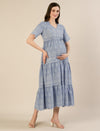 Maternity & Nursing Blue Embroidered Cotton Long Dress