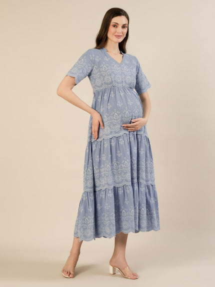 Maternity & Nursing Blue Embroidered Cotton Long Dress