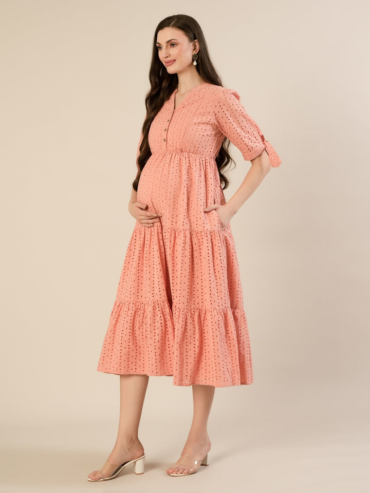 Maternity & Nursing Peach Eyelet Cotton Midi Dress